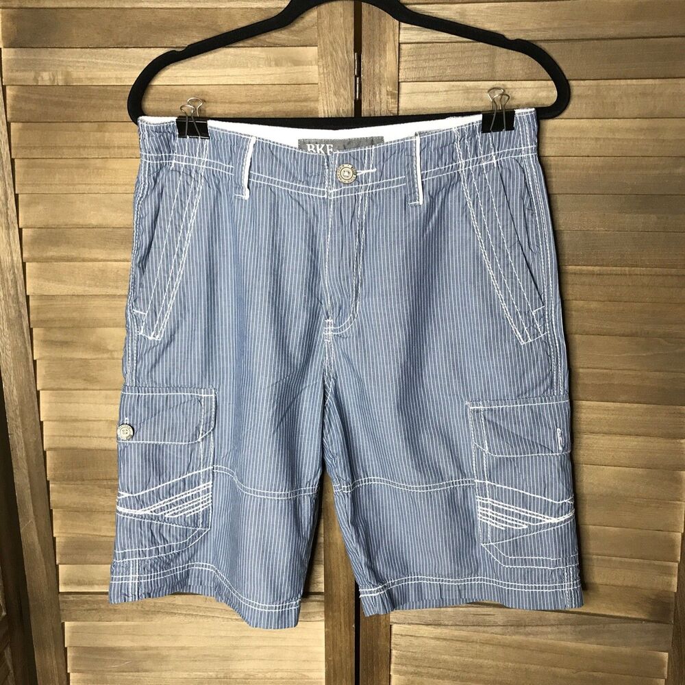 BKE Mens Cargo Shorts 30x23 Athletic Fit Blue White Stripe Cheer Pockets Loops